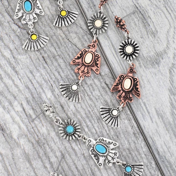 SP Sophia Collection - Wholesale Dangle Earrings - Western Semi Stone Thunderbird Long Drop Earrings