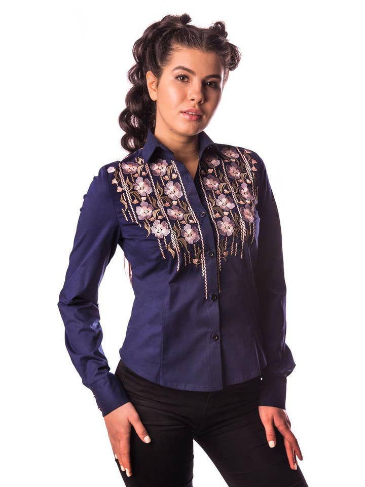 Slobozhanka - Vente Chemise à col boutonné – femme - Blouse brodée bleu foncé Zara