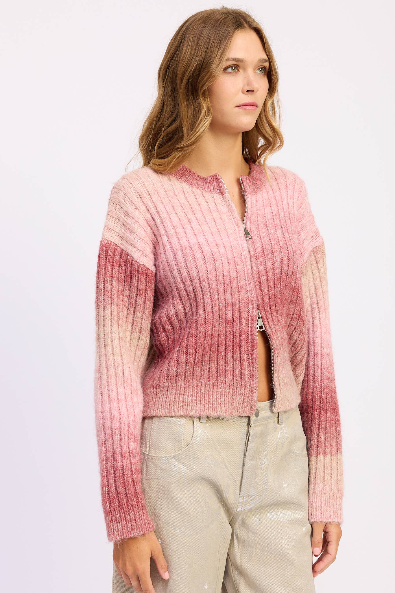 Rose CARDIGAN CÔTELÉ AVEC DOUBLE FERMETURE ÉCLAIR en vente sur Faire8