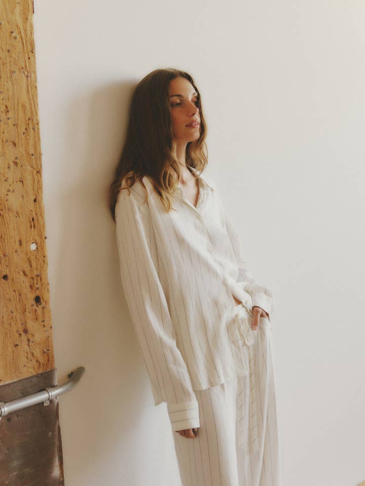 WHITE The Raquel Top | Pinstripe Linen Blend Button-Down Shirt for wholesale on Faire