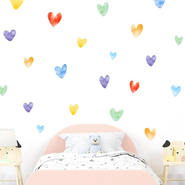 Autocollants muraux cœur d'amour aquarelle en couleurs arc-en-ciel, décalcomanies murales colorées pour la vente par Decals Online
