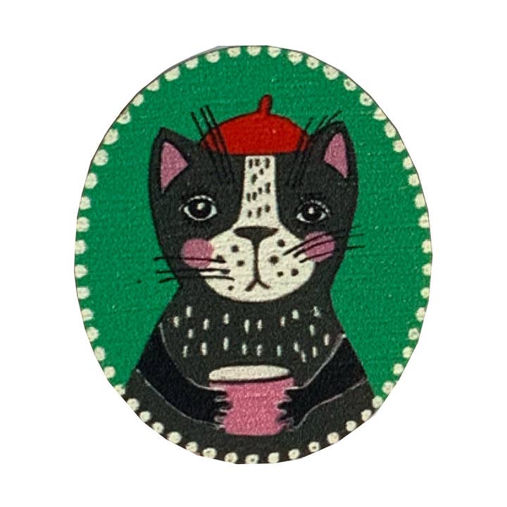 Green Cat Brooch, Cat with Coffee Pin, for wholesale by Leopard Frog