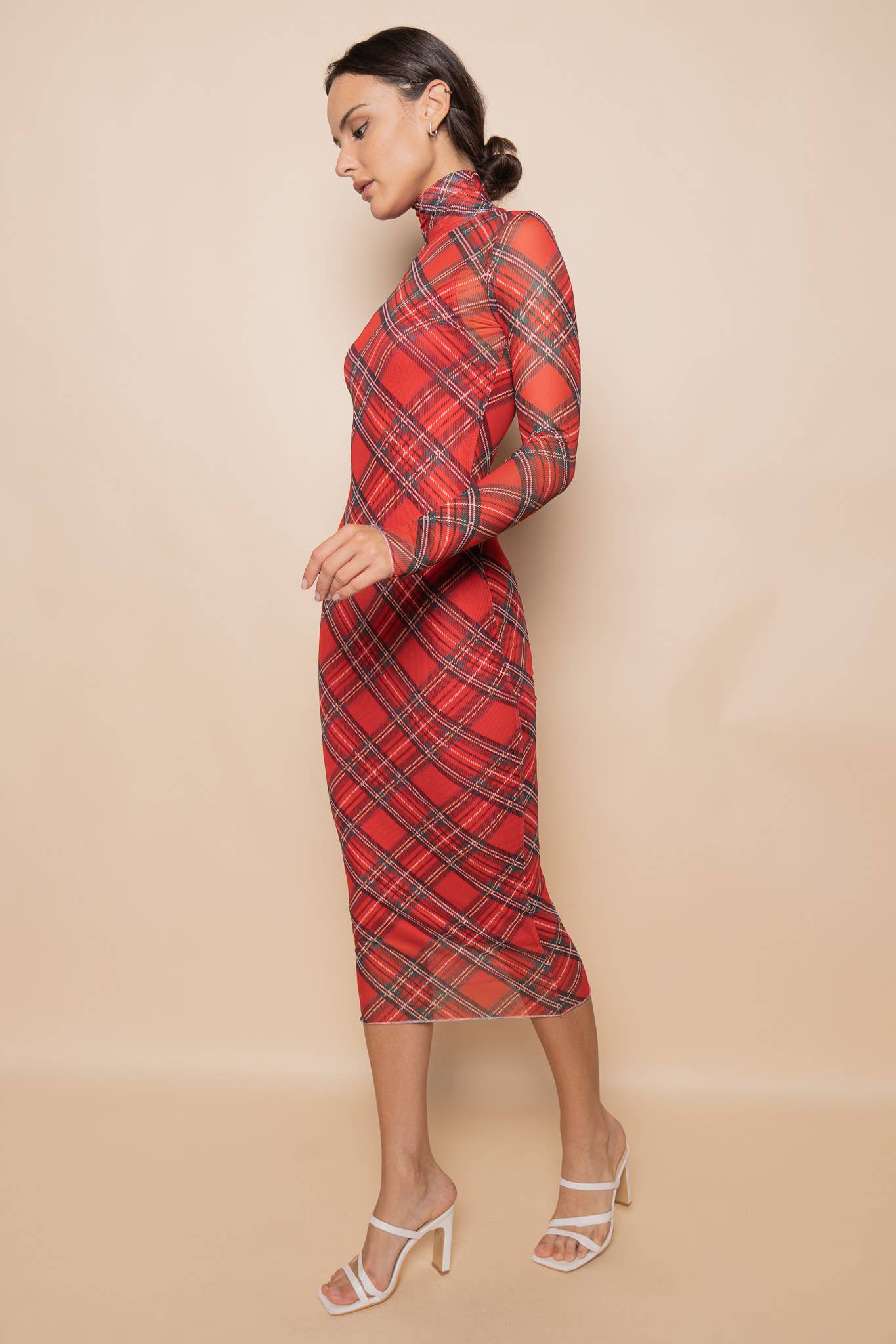 TURTLE NECK RED PLAID MESH MIDI DRESS-DD6293GFO for wholesale on Faire3