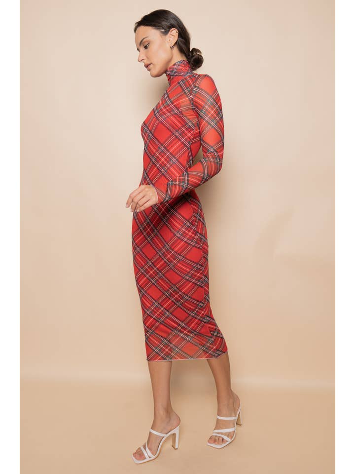TURTLE NECK RED PLAID MESH MIDI DRESS-DD6293GFO for wholesale on Faire3