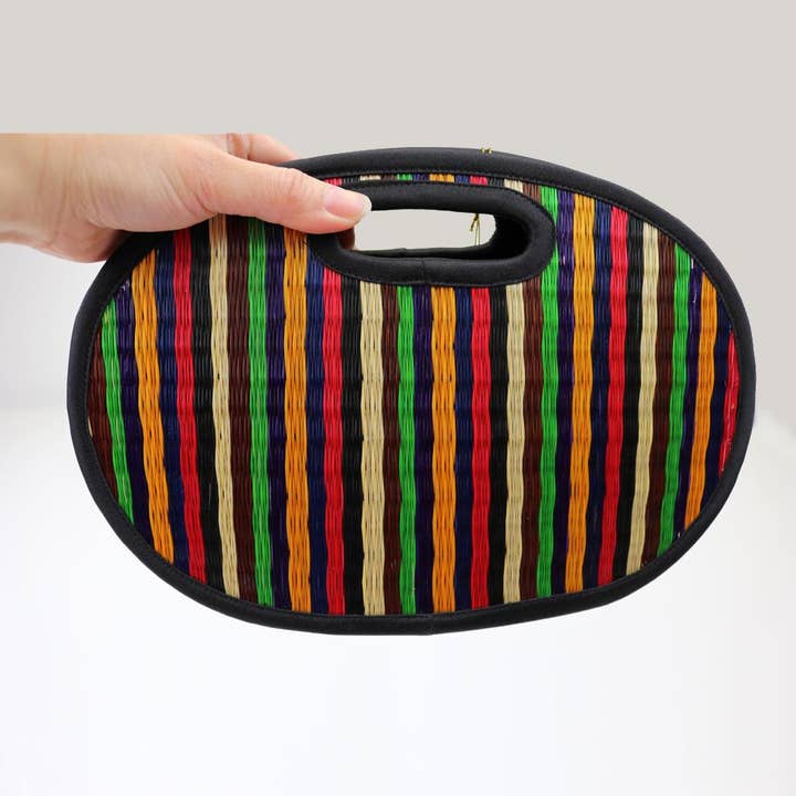 Baskets of Cambodia - Wholesale Clutch Bag - Women's - Mini Oval Collapsible Traveler Clutch W/ Handle & Strap3