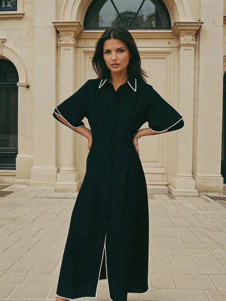 Cafe Au Lait Pearled Dress Black for wholesale by Carolina Benoit