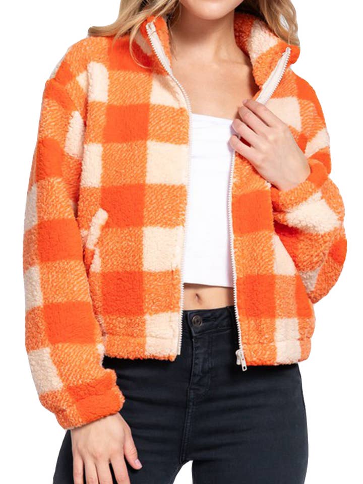 Long Sleeve Mock Neck Argyle Print Faux Fur Jacket for wholesale by Vanilla Monkey