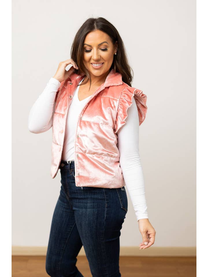 Pink Shimmer Ruffle Sleeve Puffer Vest for wholesale on Faire