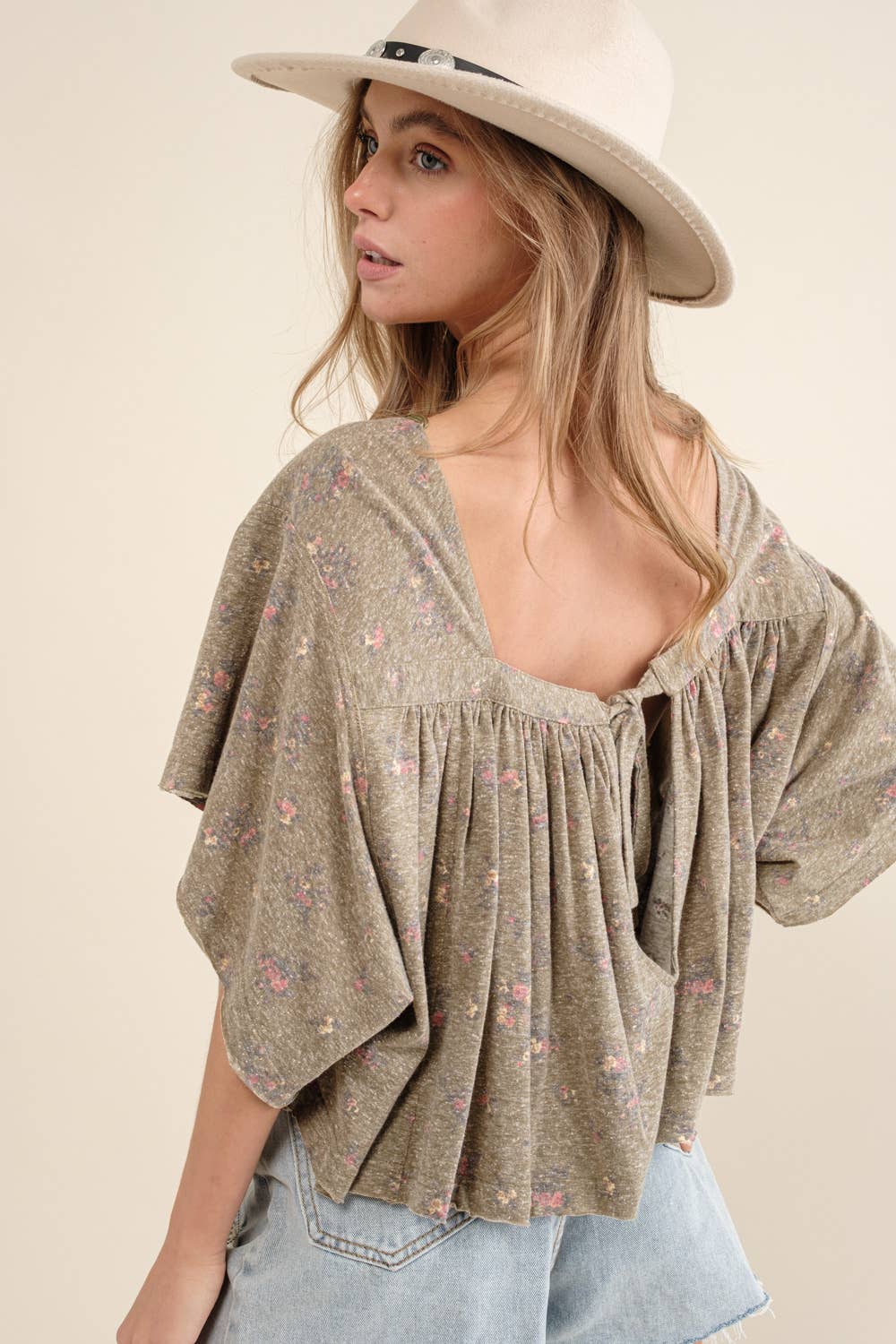 LIGHT OLIVE 22105T - Garment Washed Shirred Crop Jersey Knit Top for wholesale on Faire2