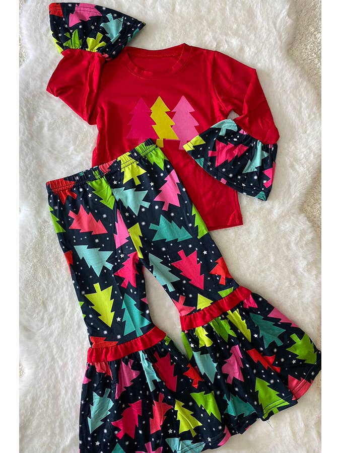 luluclothes - Wholesale Top & Pant Set - Kids - DLH0824-2 Christmas trees prints red top pant girls sets5