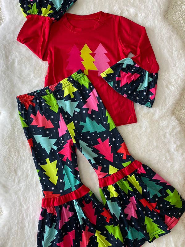 luluclothes - Wholesale Top & Pant Set - Kids - DLH0824-2 Christmas trees prints red top pant girls sets