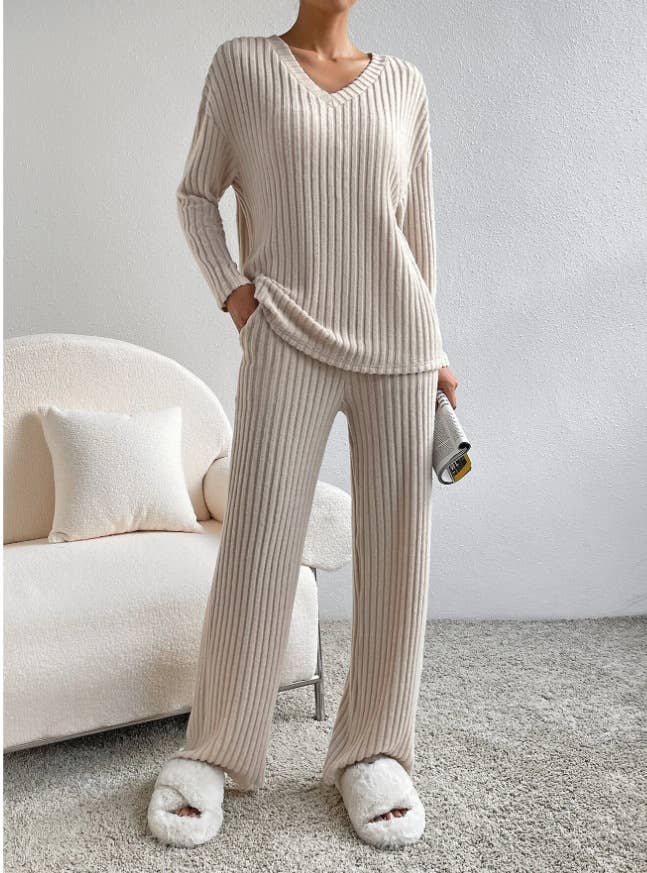 HIDDENBRAND - Wholesale Sleepwear Set - Women's - Ribbed Knit Long Sleeve Lounge Pajama Set3