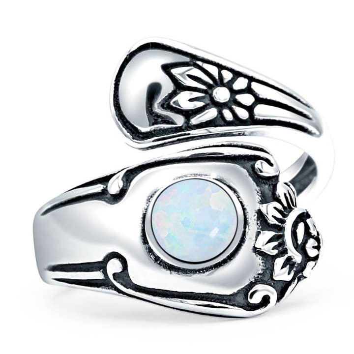 Round Lab Created White Opal Silver Spoon Oxidized Ring for wholesale by Blue Apple Imports