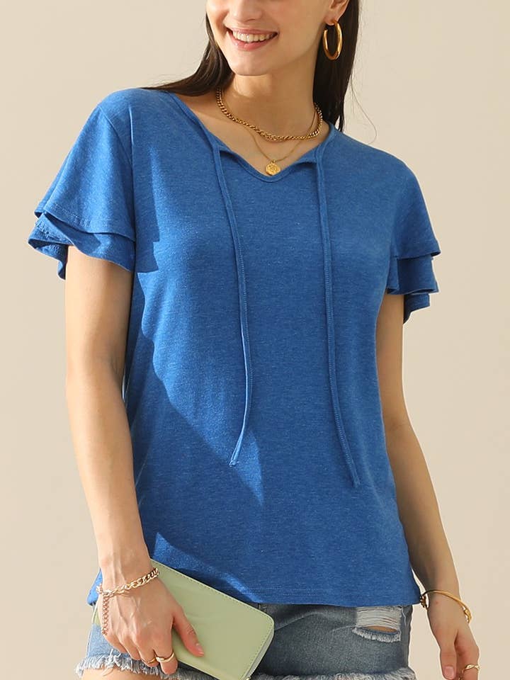 CWTTS0516-B_V NECK LACED PETAL SLEEVE SOLID TOP for wholesale by NINEXIS