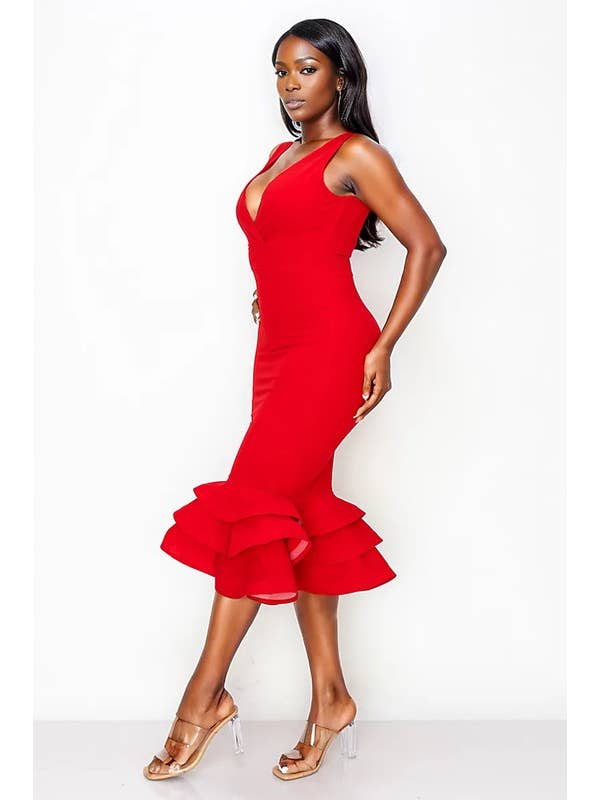 5besties inc - Wholesale Dress - Women's - Valentine V-neck Ruffle Detail Midi Dress.