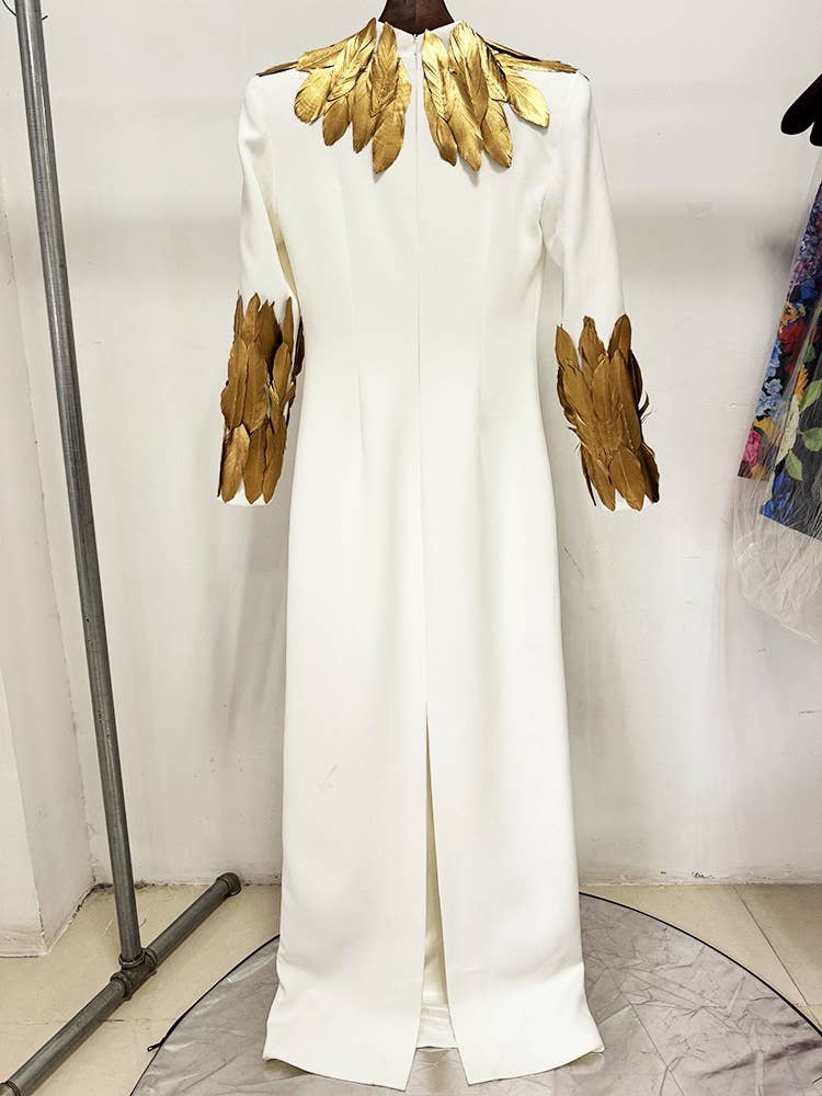 Cream 39Y Graceful Long Evening Dress with Golden Feather Details for wholesale on Faire3