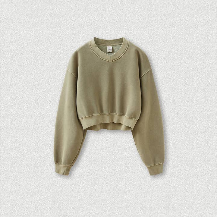 Women's washed velvet V-neck cropped sweatshirt for wholesale by Sodalemon