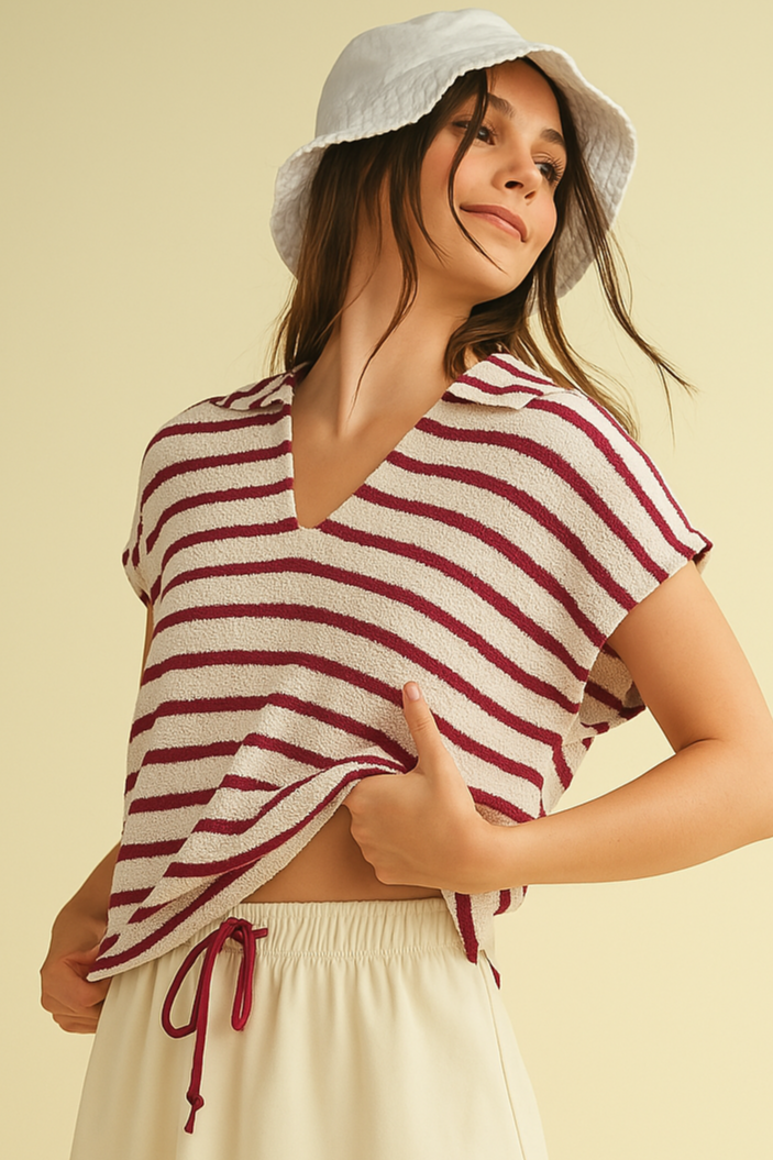 Cloud Ten - Wholesale Knit Top - Women's - CSW18065 - STRIPED COLLARED V NECK TOP1