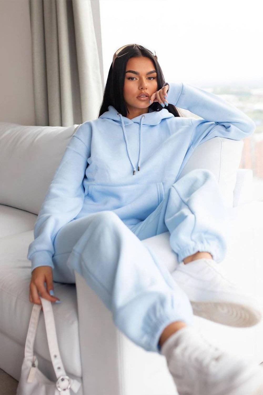 Femme Luxe - Wholesale Hoodie - Women's - Sky Blue Oversized Front Pocket Long Sleeve Drawstring Fleece Hoodie - Alexia0