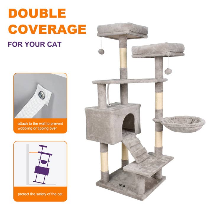 Jespet - Wholesale Pet Scratcher - Cat - GOOPAWS Multi-Level 57-in Faux Fur Cat Tree & Condo with Hammock, Grey2