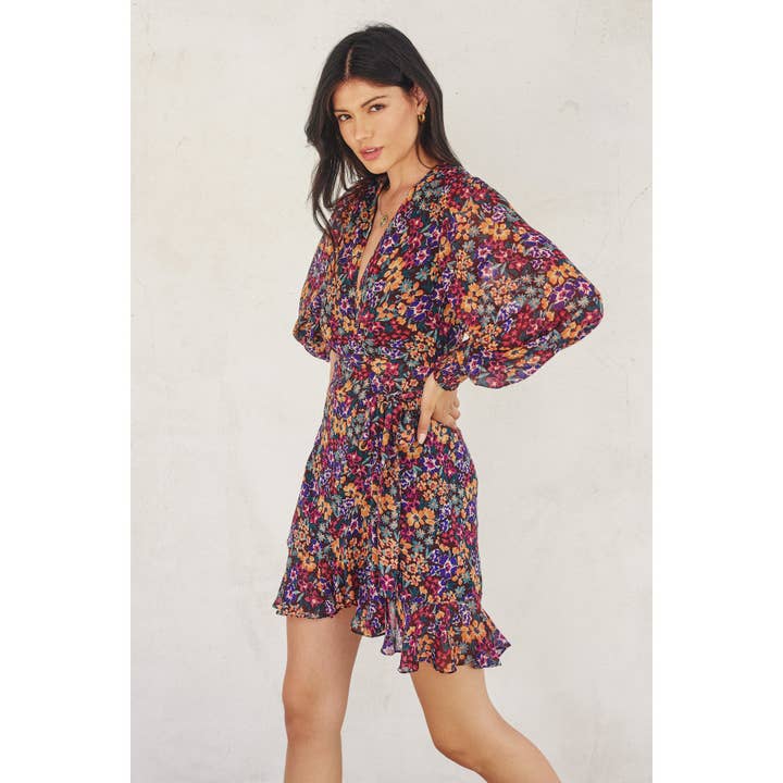 MIDNIGHT FLORAL Tiger Swallowtail Bishop Sleeve Mini Wrap Dress for wholesale on Faire