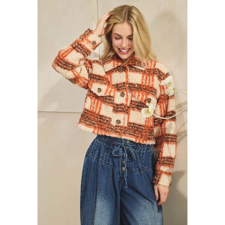 Veveret - Wholesale Jacket - Women's - Plaid Sherpa Short Button Jacket2