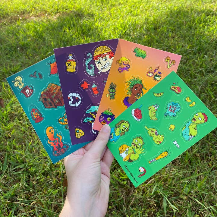 Lot de 4 feuilles d'autocollants effrayants | Autocollants d'Halloween | Pack d'autocollants pour agenda | Journal de bord | Autocollants imperméables | Sorcière | Zombie pour la vente par Tara Sullivan