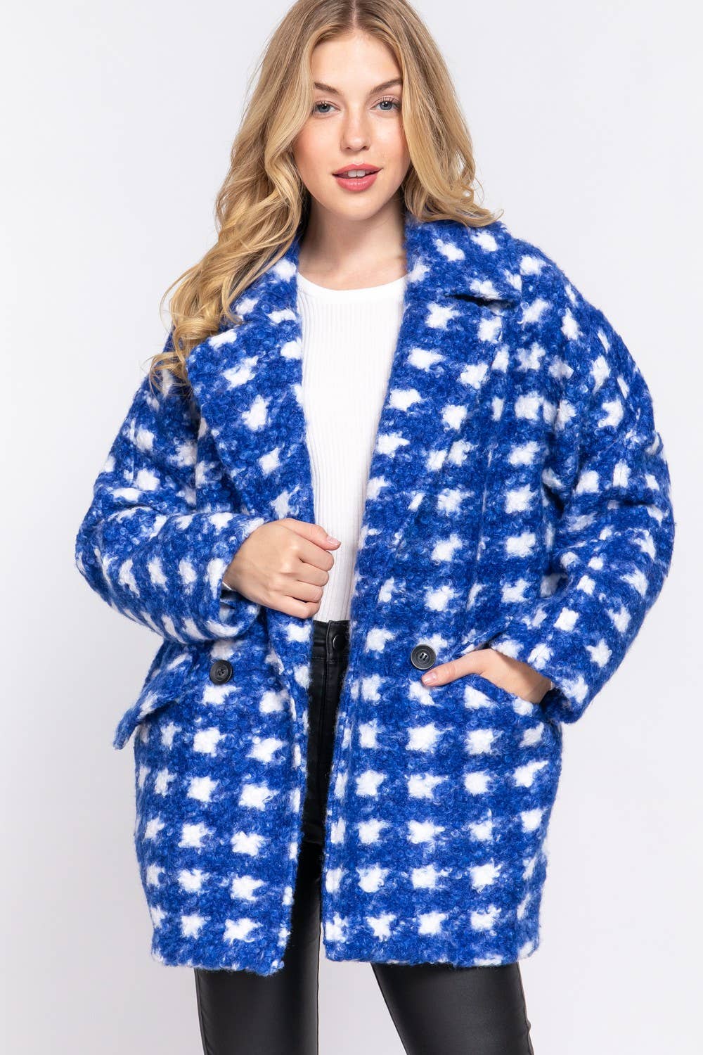 Active Basic | Active USA - Wholesale Coat - Women's - Long Sleeve Double Breasted Check Print Boucle Fleece Coat4