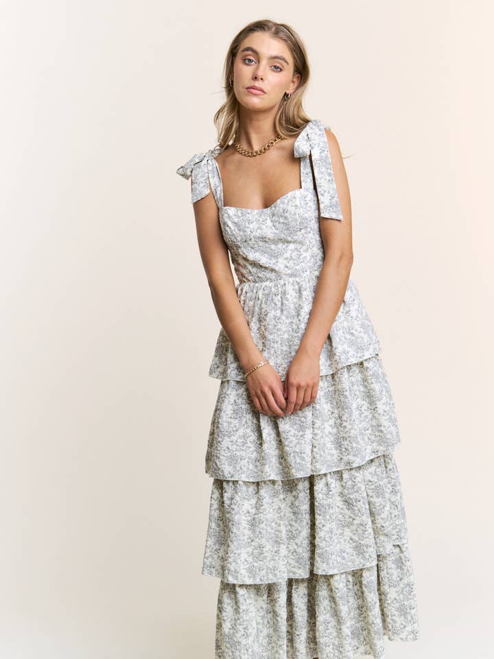 J.NNA - Wholesale Dress - Women's - Sweetheart Neckline Floral Print Tiered Midi Dress S-L