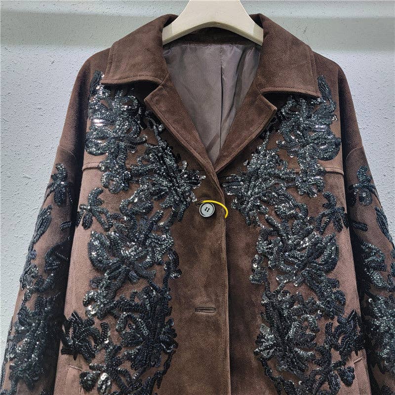 M161 Brown Sequin Embroidered Suede Moto Jacket for wholesale on Faire1