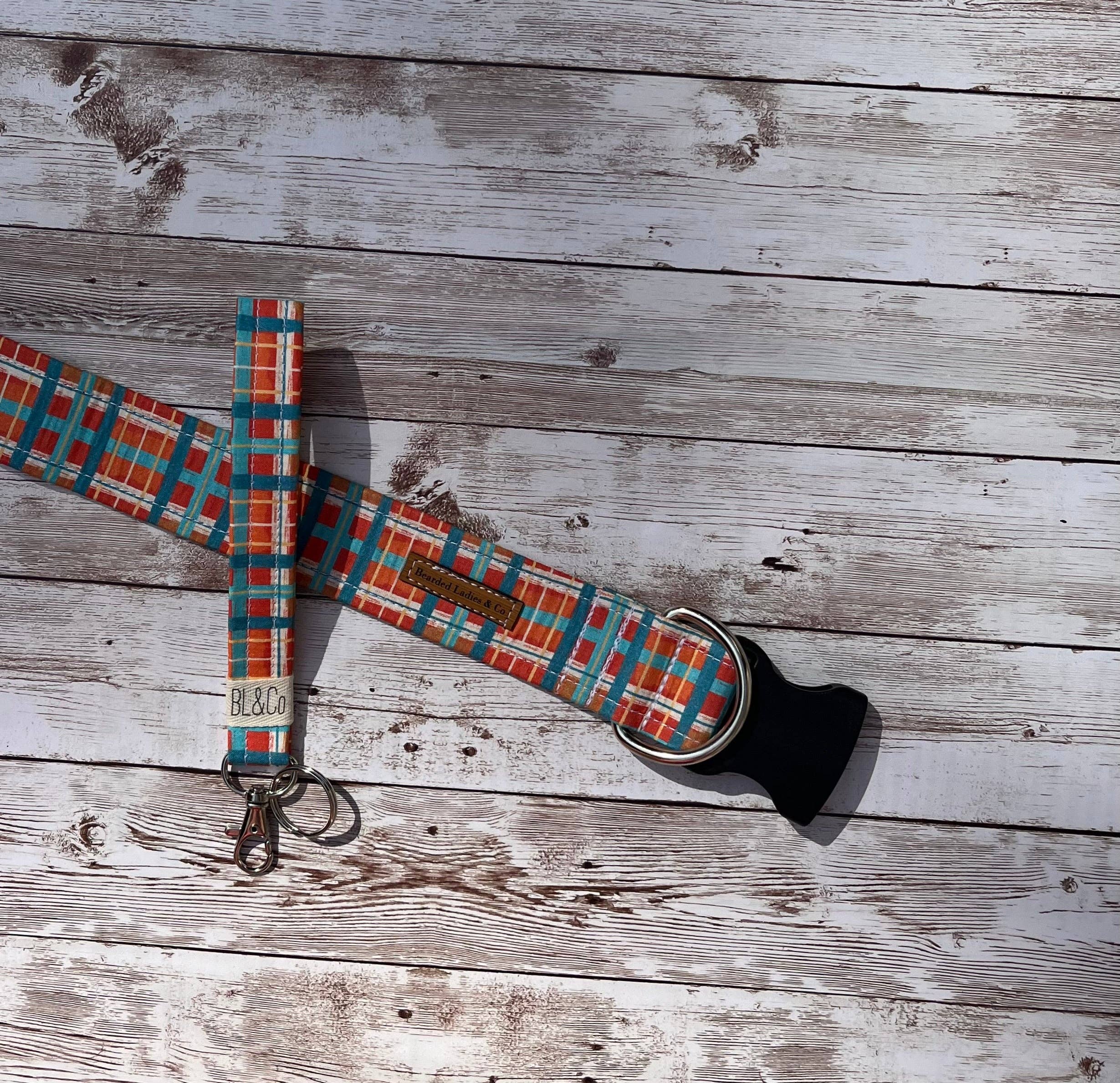 Bearded Ladies & Co - Wholesale Pet Collar - Dog - Orange, Blue + Cream Plaid Dog Collar with matching leash + key fob1