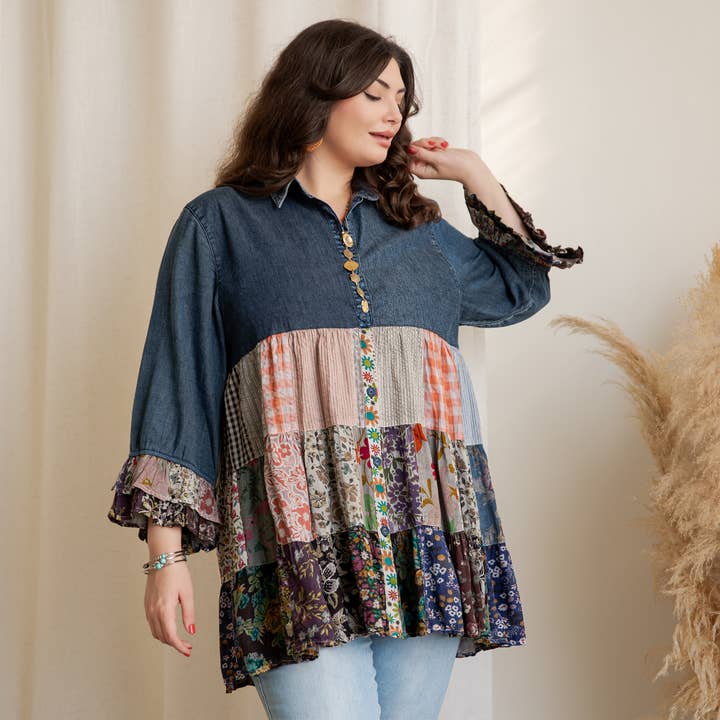 Young Threads - Wholesale Blouse - Women's - Western Denim Yoke Patchwork Tiered Tunic Top (New Color)4