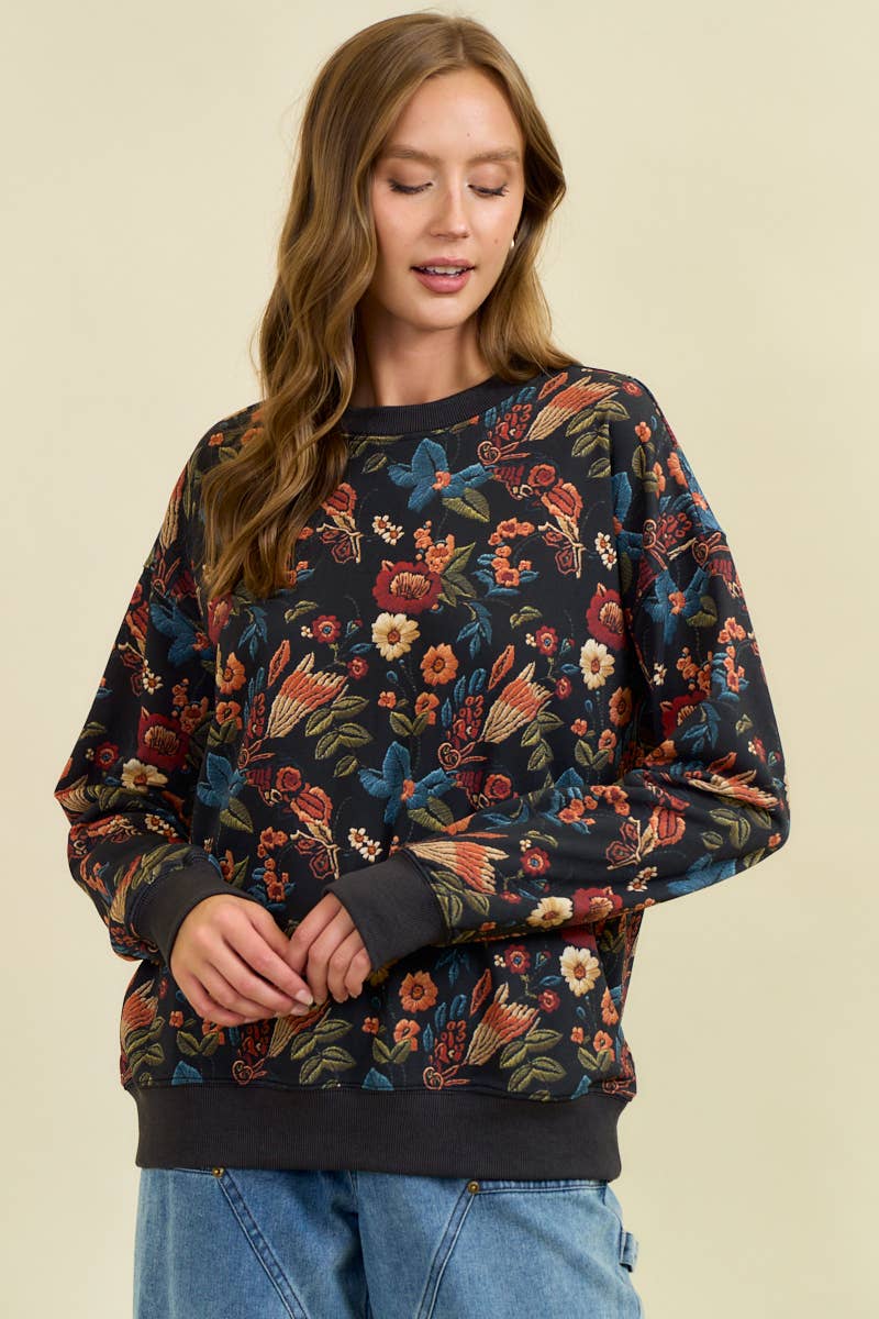 Doe and Rae - Wholesale Sweatshirt - Women's - FLORAL PRINT DROP SHOULDER PULL-OVER TOP - 45256T1