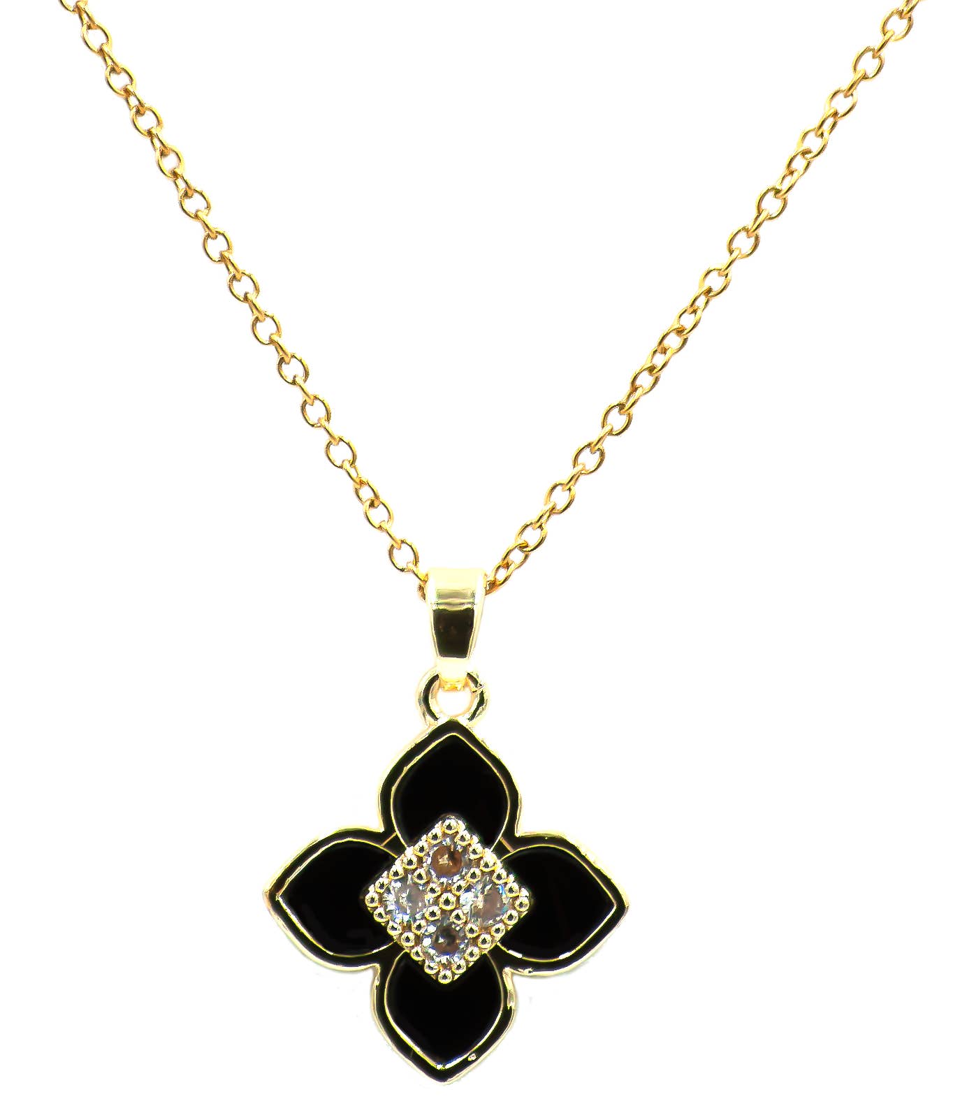 Byzantium Collection Ltd – wholesale Pendant/charm necklace – Black Four Leaf Clover Pendant Necklace, Gold Plated