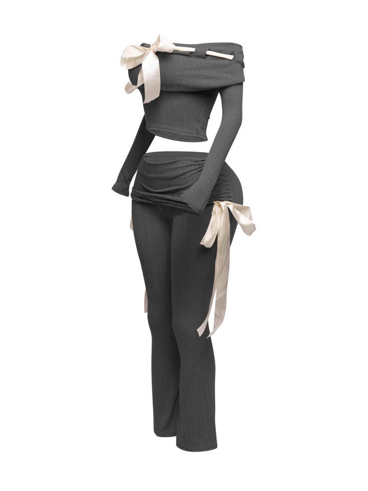 K Too - Wholesale Top & Pant Set (NOT Loungewear) - Women's - Off shoulder ribbon trim detailed top & pants set6