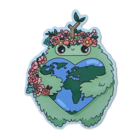 Autocollant Sasquatch Go Green Earth Kawaii, respectueux de l'environnement, Sauver la planète, dessin animé Chibi pour la vente par Critter Co. LLC