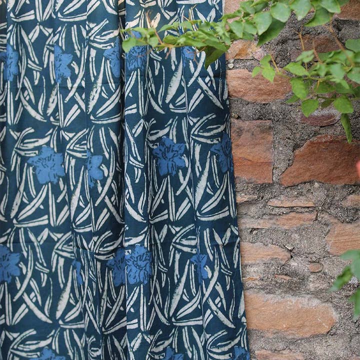 Floral Block Print Curtain, Blue Window Panel | Daphne for wholesale by Ichcha