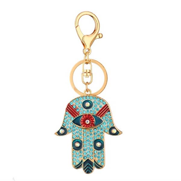 Portachiavi alla moda EVIL EYE HAMSA con strass per la vendita all'ingrosso da parte di Nima Accessories Inc
