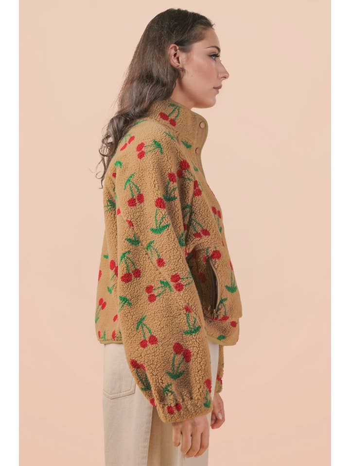 VERY J - Wholesale Jacket - Women's - NJ90423-Leopard & Cherry Printed Fleece Oversized Jacket12