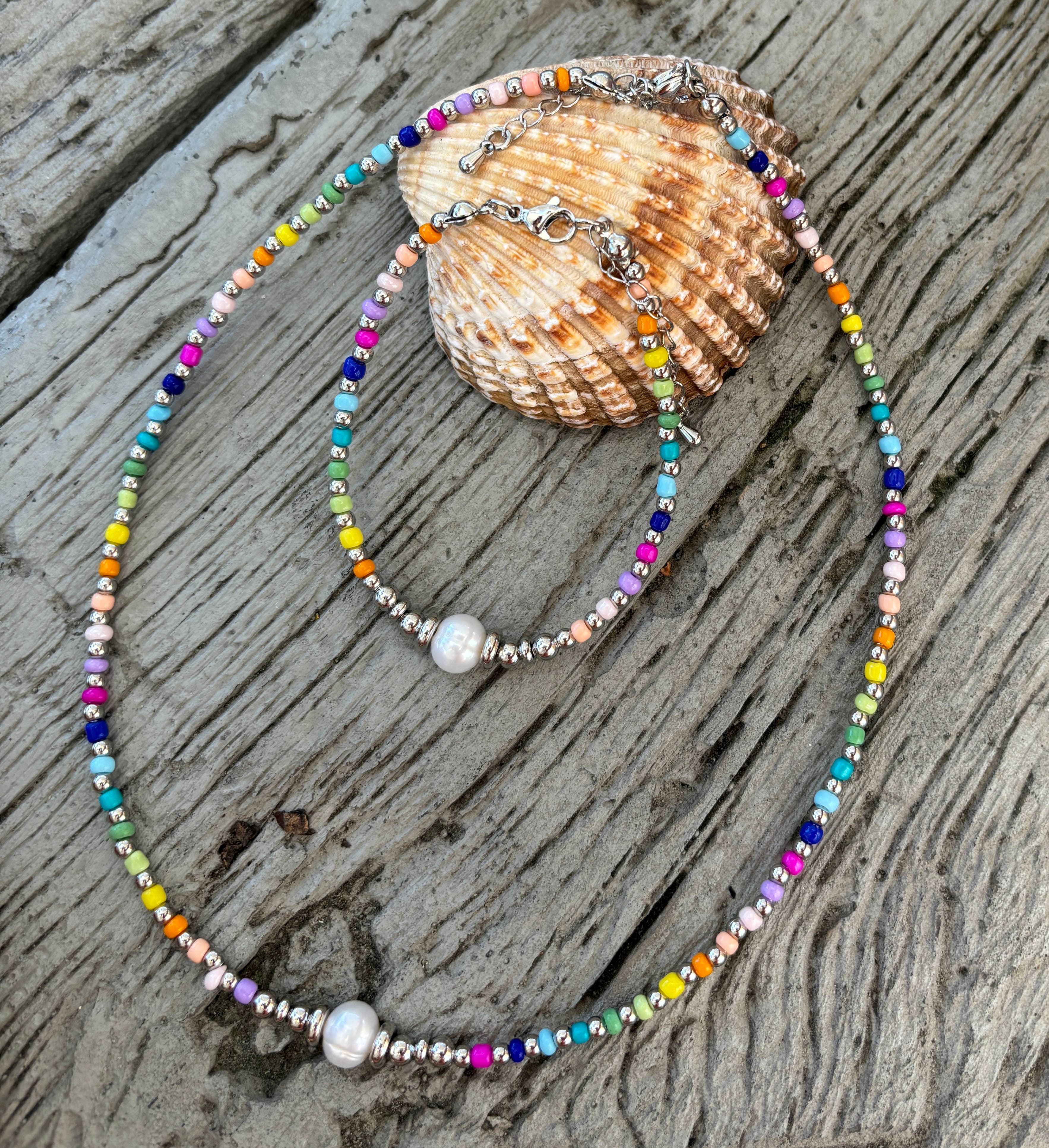 Ocean Ripples - Wholesale Beaded/Pearl Necklace - 18ct Silver Plated Miyuki Rainbow Necklace 2