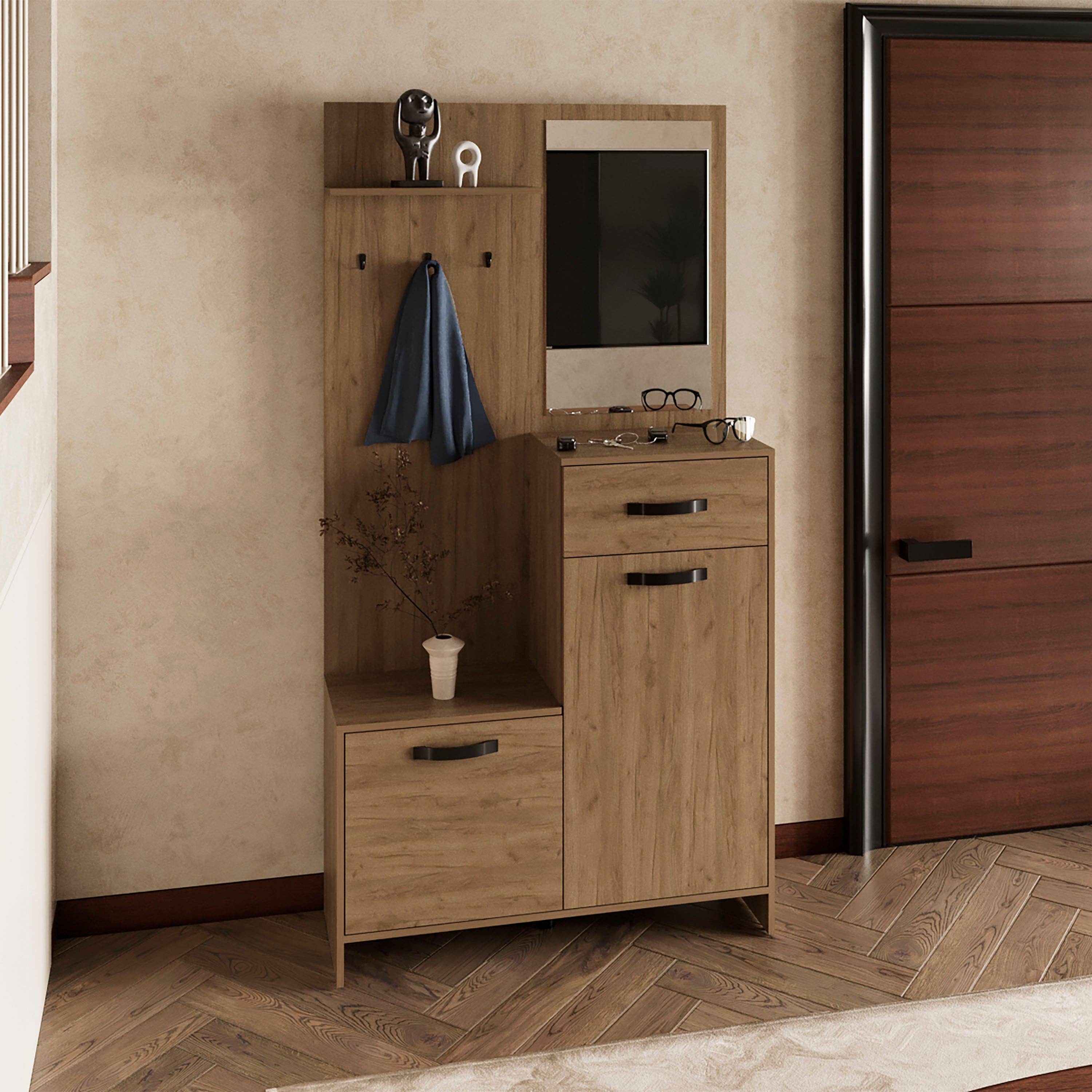 Natural Oak Parker Mirrored Tree Hall with Hangers, Three Shelves, Two Cabinets, One Drawer, Entry way, Console Table, Living Room 75" Tall for wholesale on Faire0