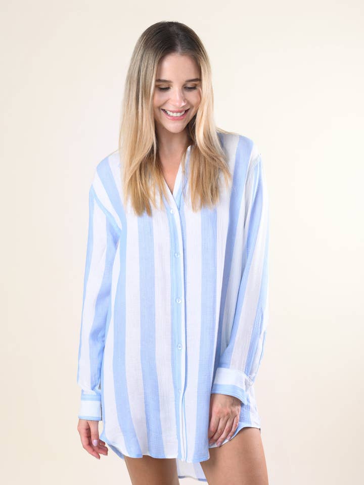 Positano-Hemdkleid - Blau/Weiße Cabana-Streifen für den Großhandel von Sitano