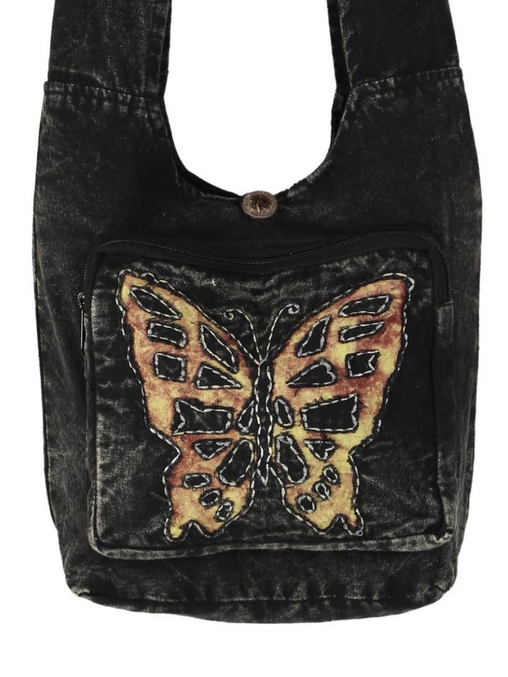 Mochila bandolera negra convertible con mariposa amarilla para venta al por mayor de Earth Divas