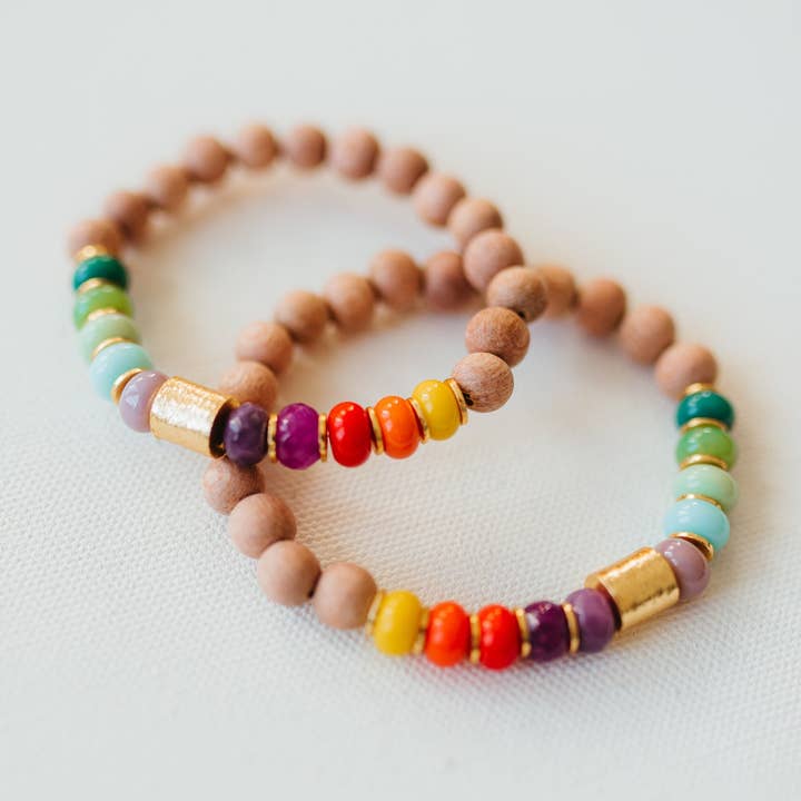 Rainbow Diffuser Bracelet, Bright Multicolored Rosewood for wholesale by Kelsey O’Brien Designs