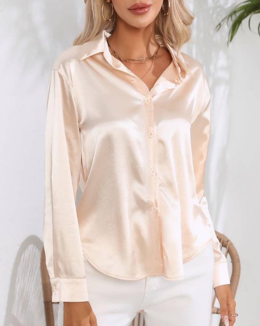 HIDDENBRAND - Wholesale Button Down Shirt - Women's - Satin Faux Silk Long-Sleeved Shirt11