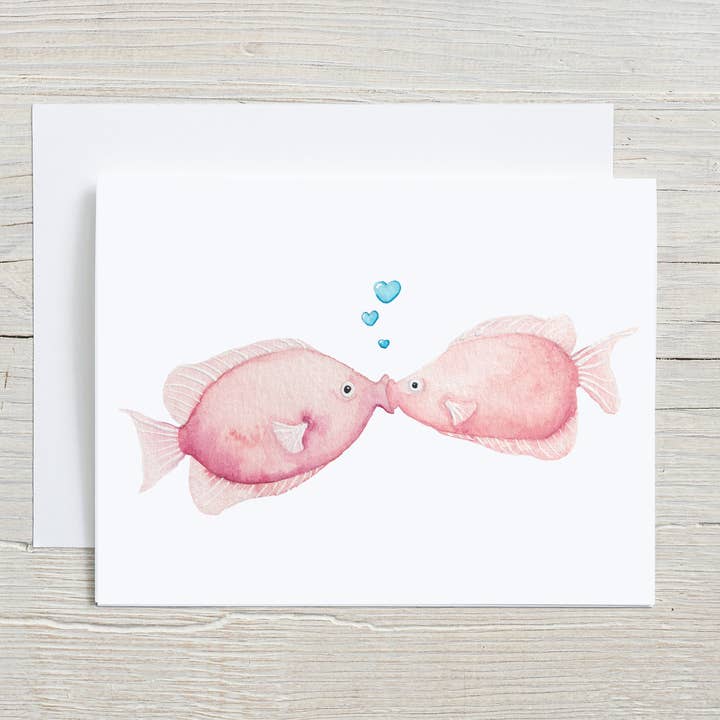 Liz Pope Designs - Wholesale Valentine's Day Card - Kissing Fish Watercolor Card - Romantic Card for Valentine's