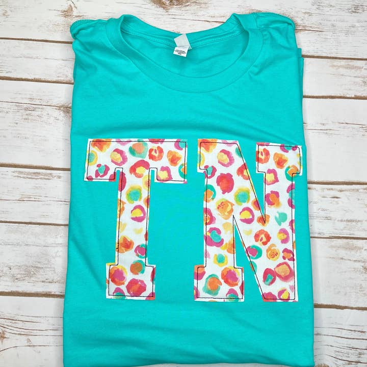 Rainbow Leopard State Applique Tee-Any State for wholesale by BLUE MAGNOLIA MONOGRAMS