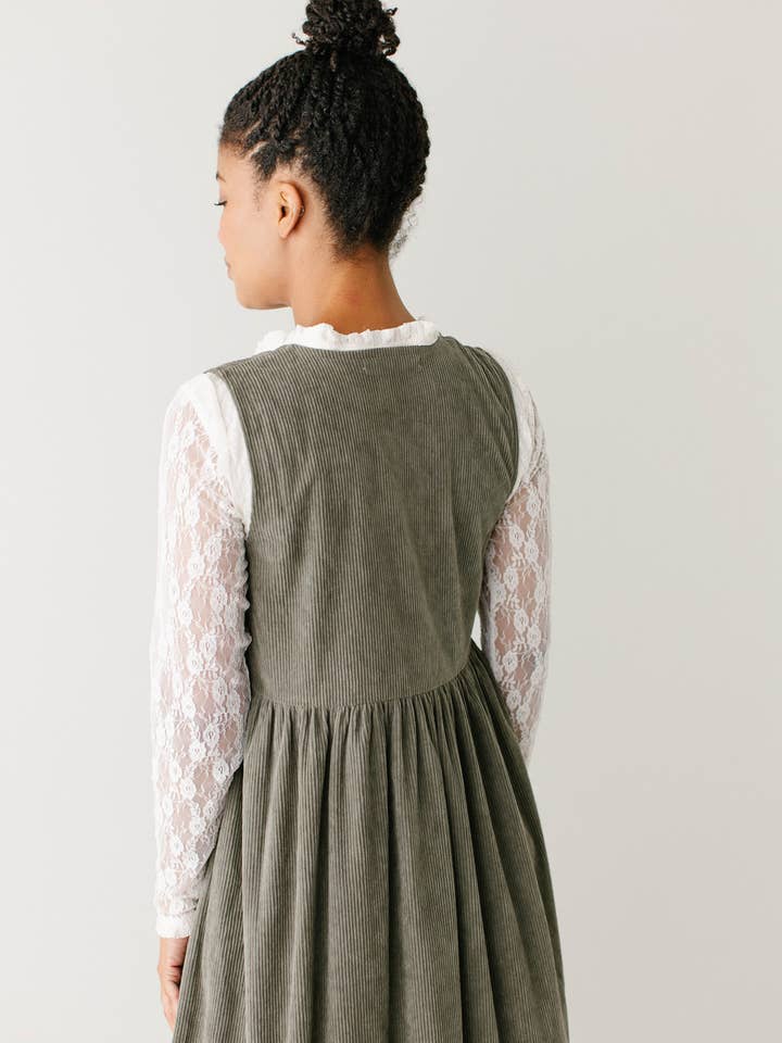 Muted Green 'Edie' Corduroy Pinafore Dress for wholesale on Faire17