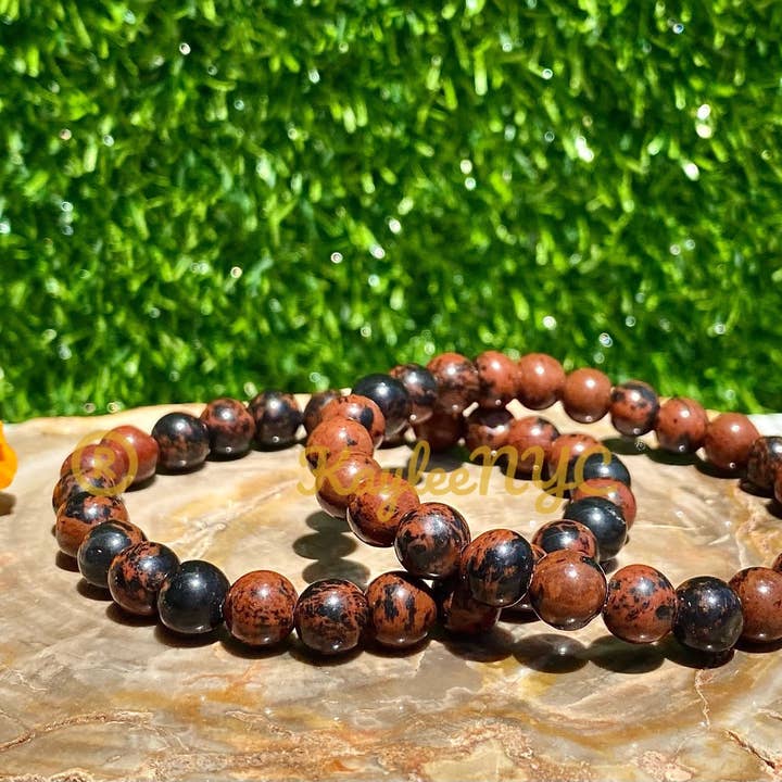 KayleeNYC - Wholesale Beaded Bracelet - Natural Mahogany Obsidian 8mm 7.5” Crystal H1