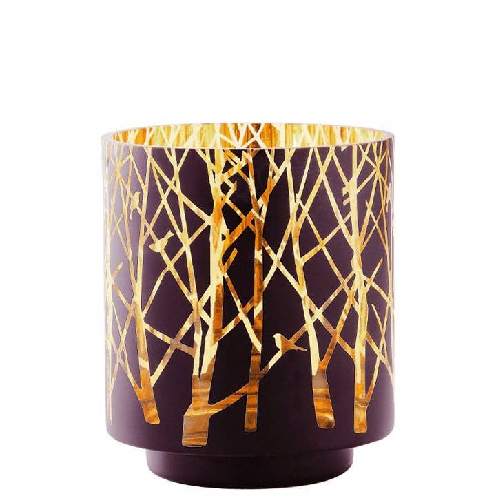 Will's Company - Wholesale Candle Holder - Black & Gold Glass Hurricane with Tree Design - 2 sizes